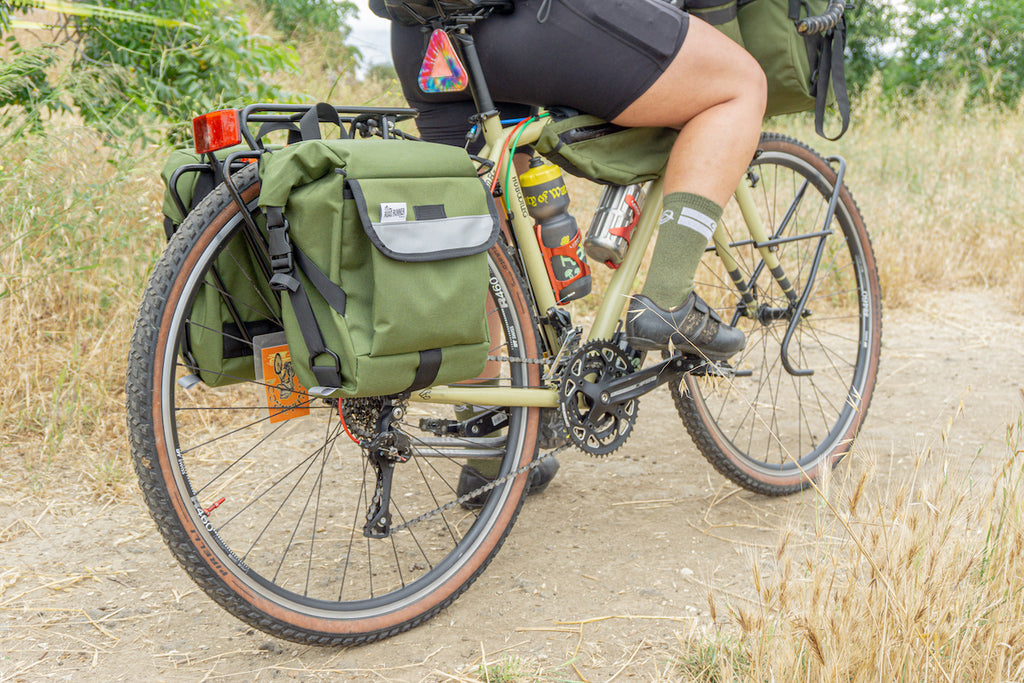 Anywhere Panniers in Olive for Bikepacking