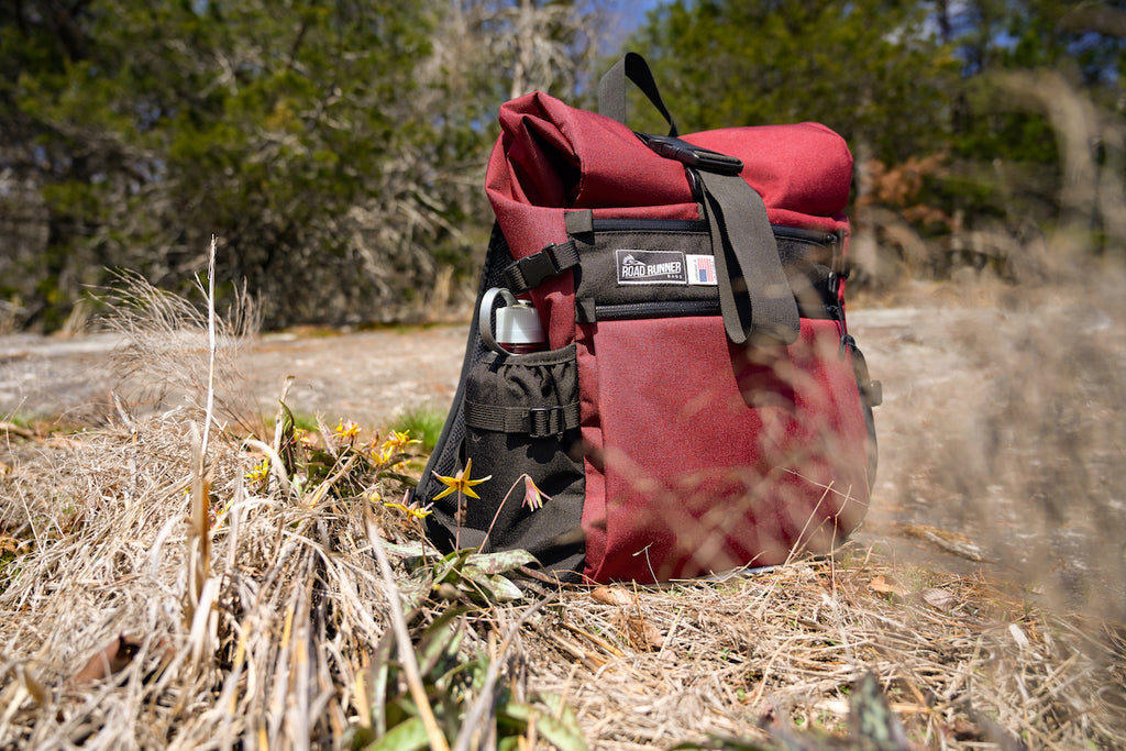 Medium Roll Top in the Woods seen in Burgundy Cordura.