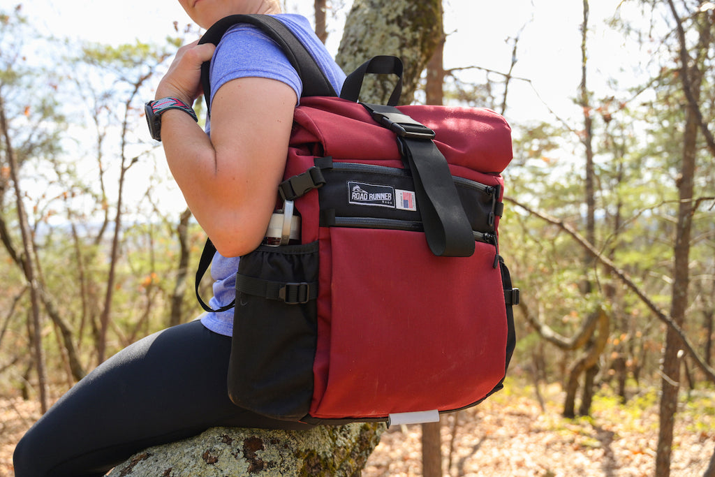 Medium Roll Top in the Woods seen in Burgundy Cordura.