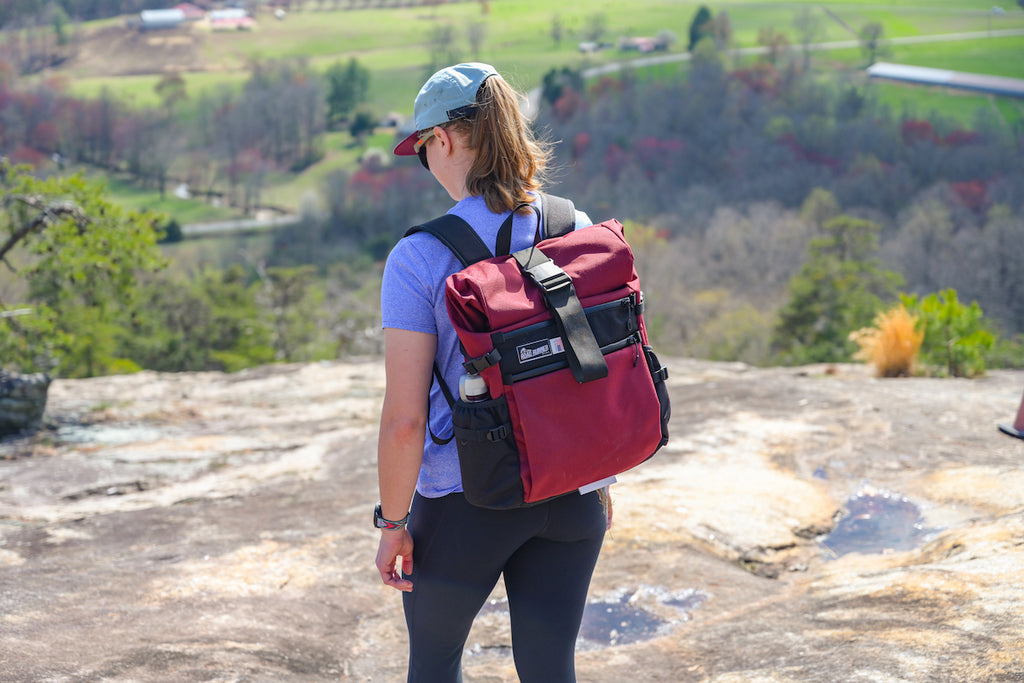 Medium Roll Top in the Woods seen in Burgundy Cordura.