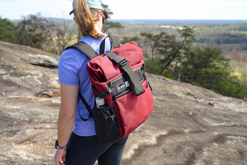 Medium Roll Top in the Woods seen in Burgundy Cordura.